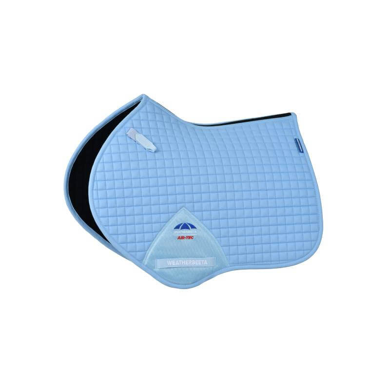 Weatherbeeta Prime Air-Tec Jump saddle pad in sky blue with black lining and small logos.