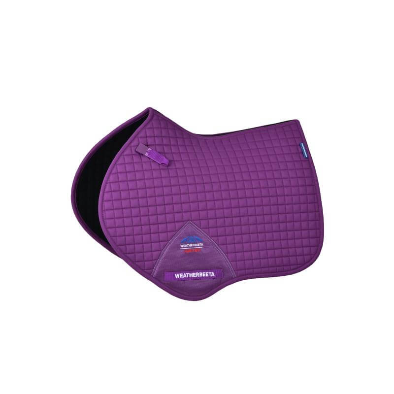 Weatherbeeta Prime Air-Tec Jump Shaped Saddle Pad in Violet with label on white background.