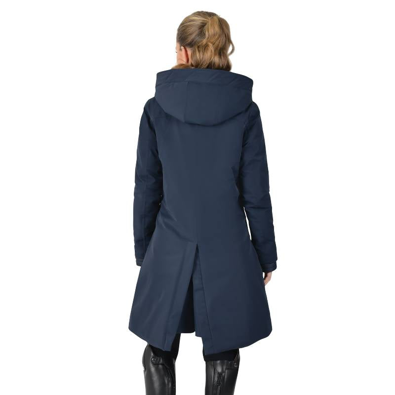 Person wearing Weatherbeeta All Purpose Waterproof Longline Equestrian Jacket Navy, seen from back.