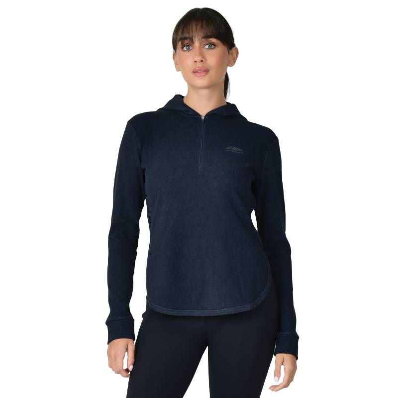 Woman wears Weatherbeeta London Layer Long Sleeve Top With Hood Dark Navy Marle.