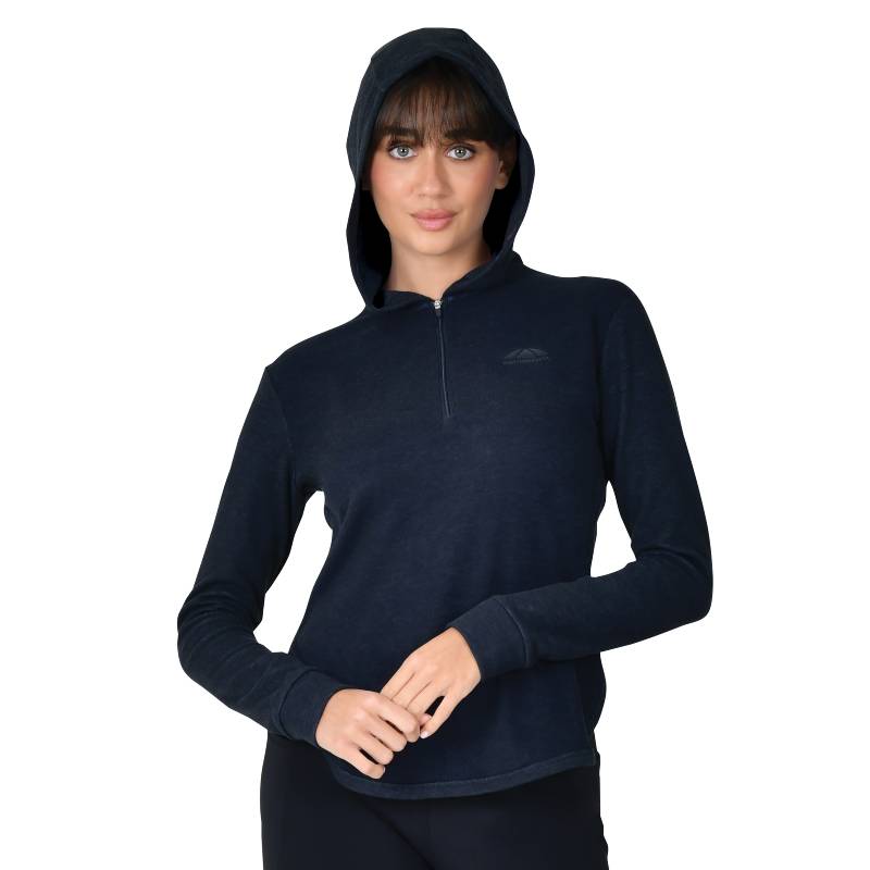 Woman wearing Weatherbeeta London Layer Long Sleeve Hoody in dark navy, facing forward.