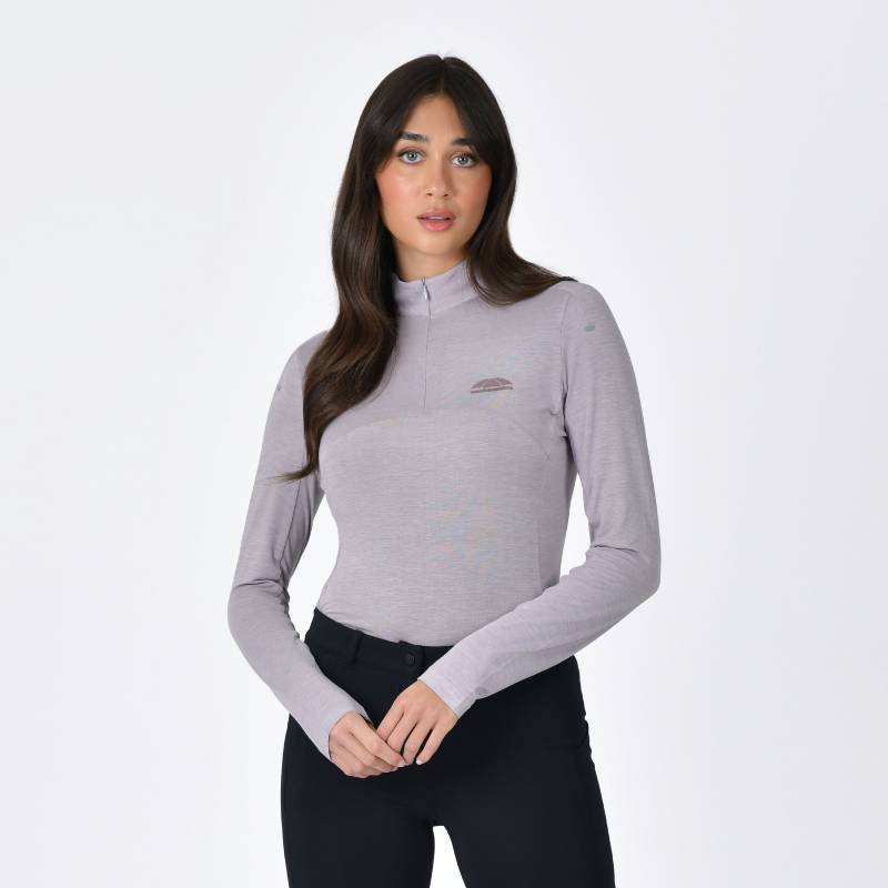 Woman in a Weatherbeeta Bamboo Burnished Lilac base layer and black pants on white background.