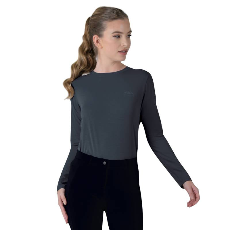 Woman wears Weatherbeeta Relaxed UV Long Sleeve Tee Navy, standing against a white background.