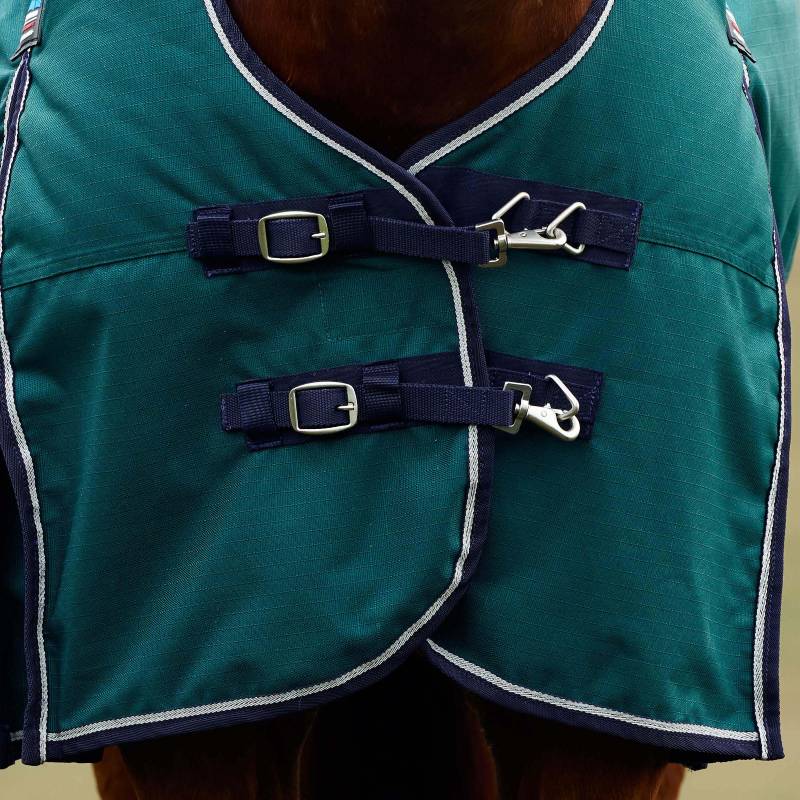 Close-up of Weatherbeeta Comfitec Plus Dynamic 100g rug in forest green with chest buckles fastened.