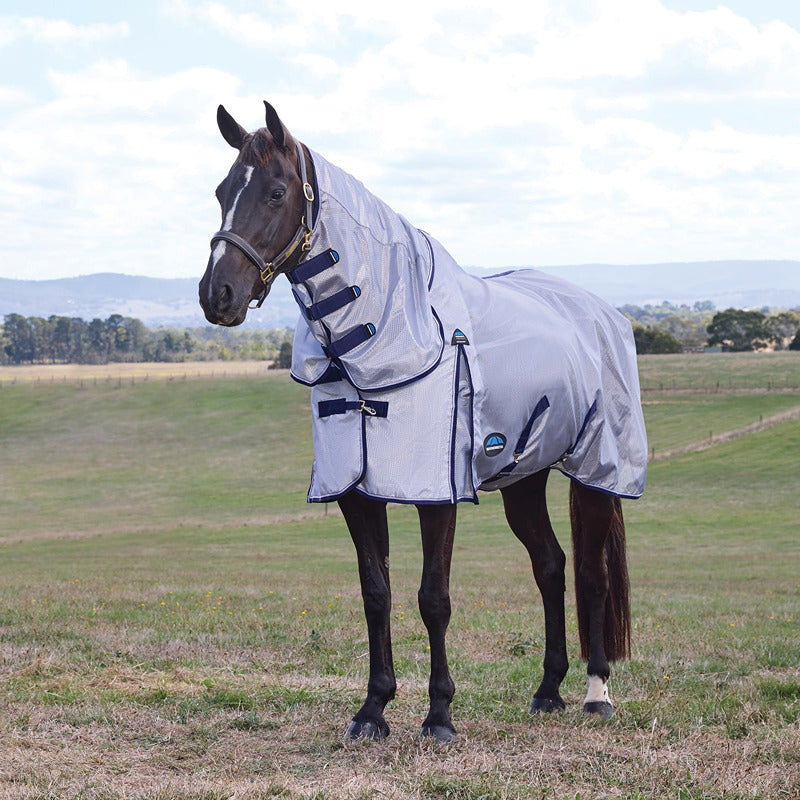 A horse in a Weatherbeeta Comfitec Hexi Shield Fly Rug stands in a grassy field with hills.