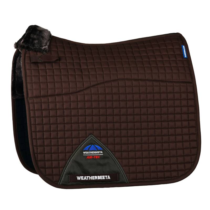 Brown Weatherbeeta Prime Air-Tec Comfy Fleece Dressage Saddle Pad with black trim.