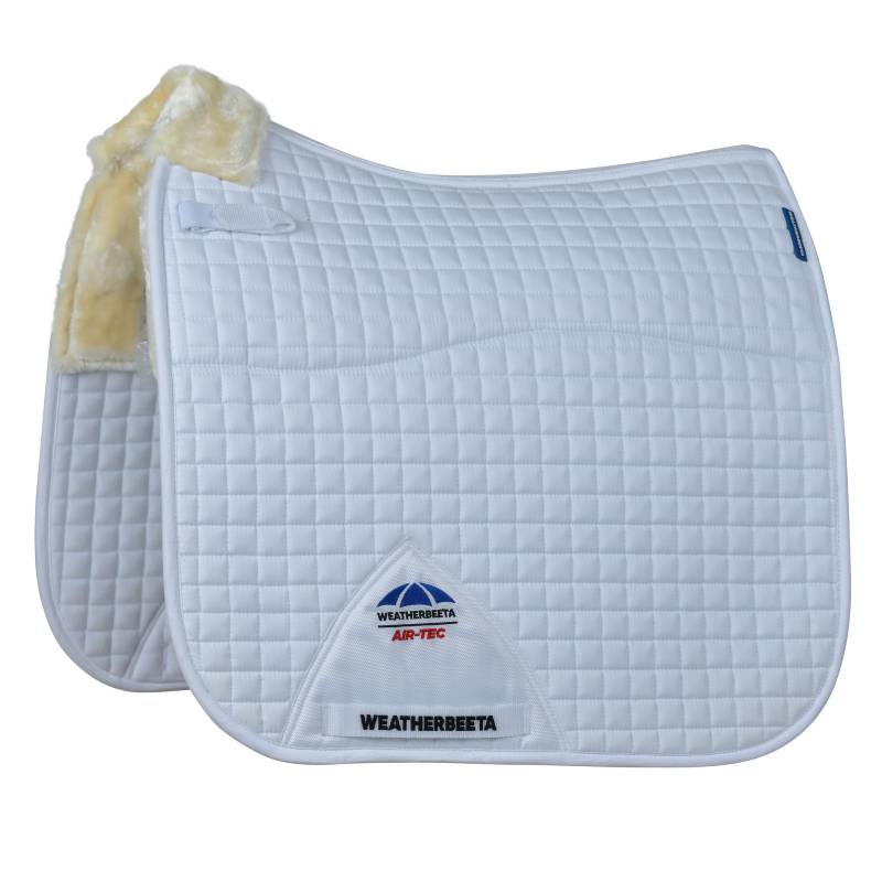 WeatherBeeta Prime Air-Tec Comfy Fleece White Dressage Saddle Pad with fleece trim.