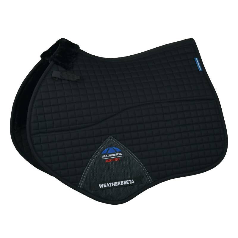 Black Weatherbeeta Prime Air-Tec Comfy Fleece Jump Saddle Pad with logo on the side.