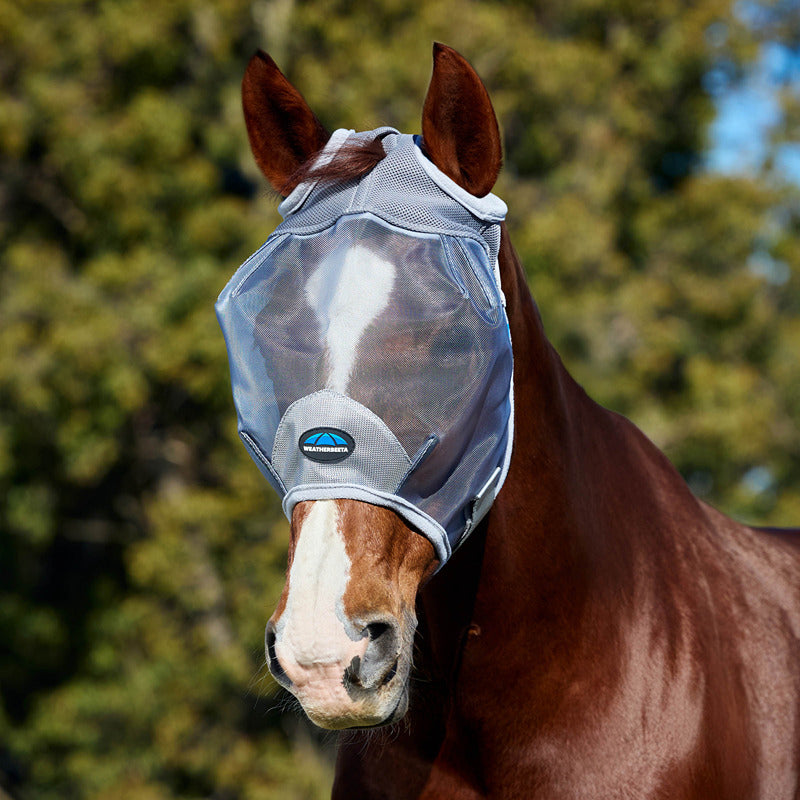 A horse wears the Weatherbeeta Comfitec Durable Mesh Fly Mask Grey for UV protection outdoors.