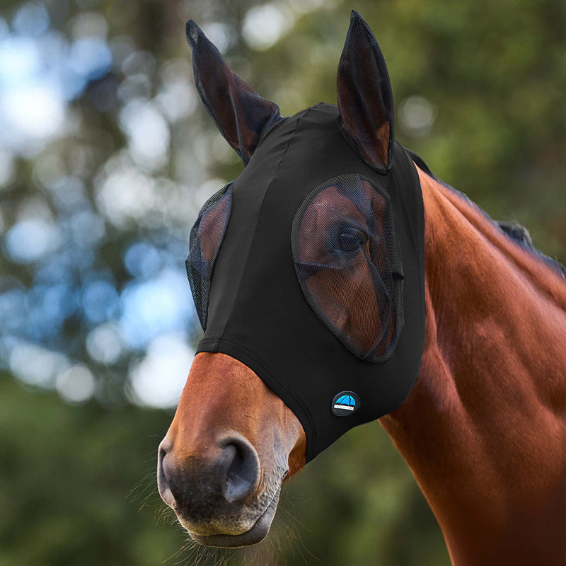 Brown horse wears Weatherbeeta Comfitec Stretch Fly Mask With Ears outdoors, green blur behind.
