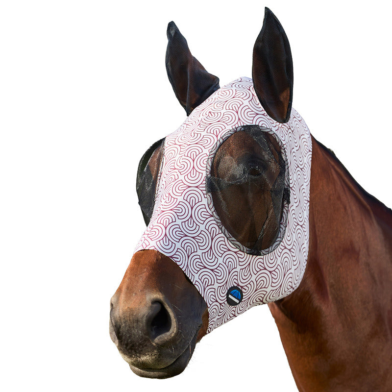Brown horse in Weatherbeeta Comfitec Stretch Fly Mask w/ ears, white/burgundy bit print, left.