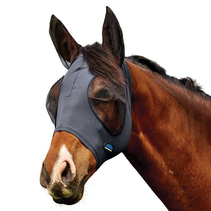 A brown horse wears a Weatherbeeta Comfitec Deluxe Stretch Fly Mask With Ears Charcoal/Black.