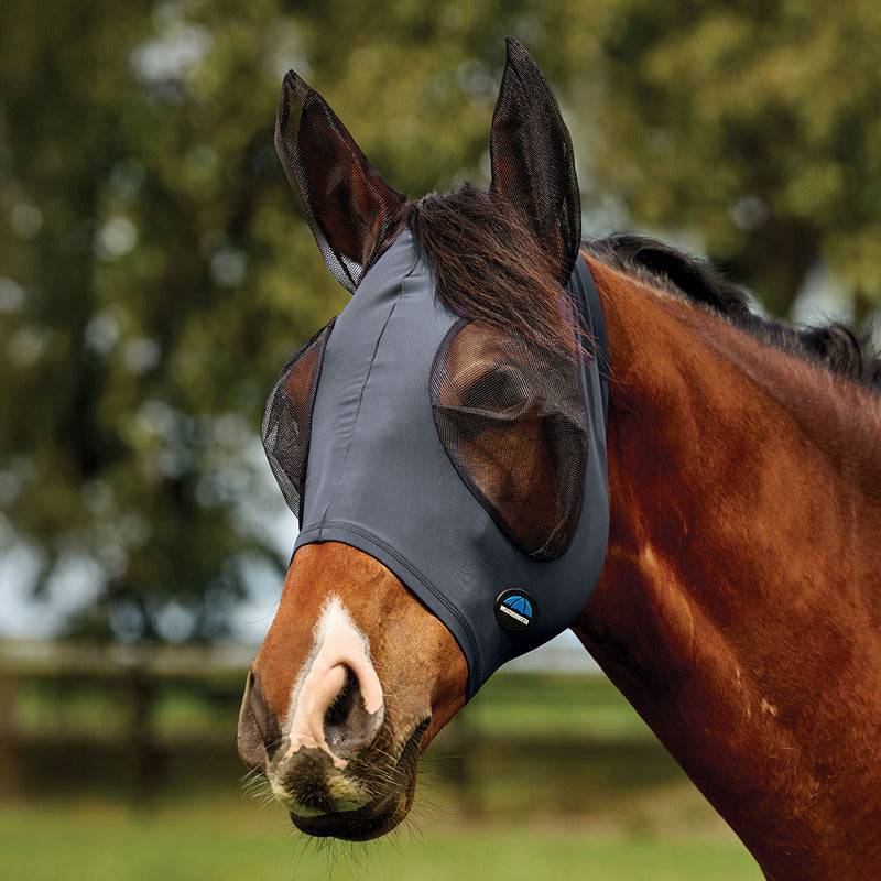A brown horse wears a Weatherbeeta Comfitec Deluxe Stretch Fly Mask with Ears outdoors.