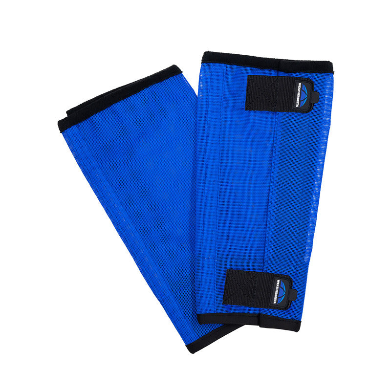 Pair of Weatherbeeta Comfitec Dura-Mesh Fly Wraps Blue/Black laid flat on white background.
