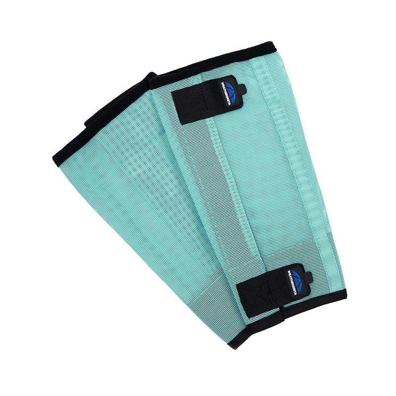 Two Weatherbeeta Comfitec Dura-Mesh Fly Wraps in turquoise/black for horse leg protection.