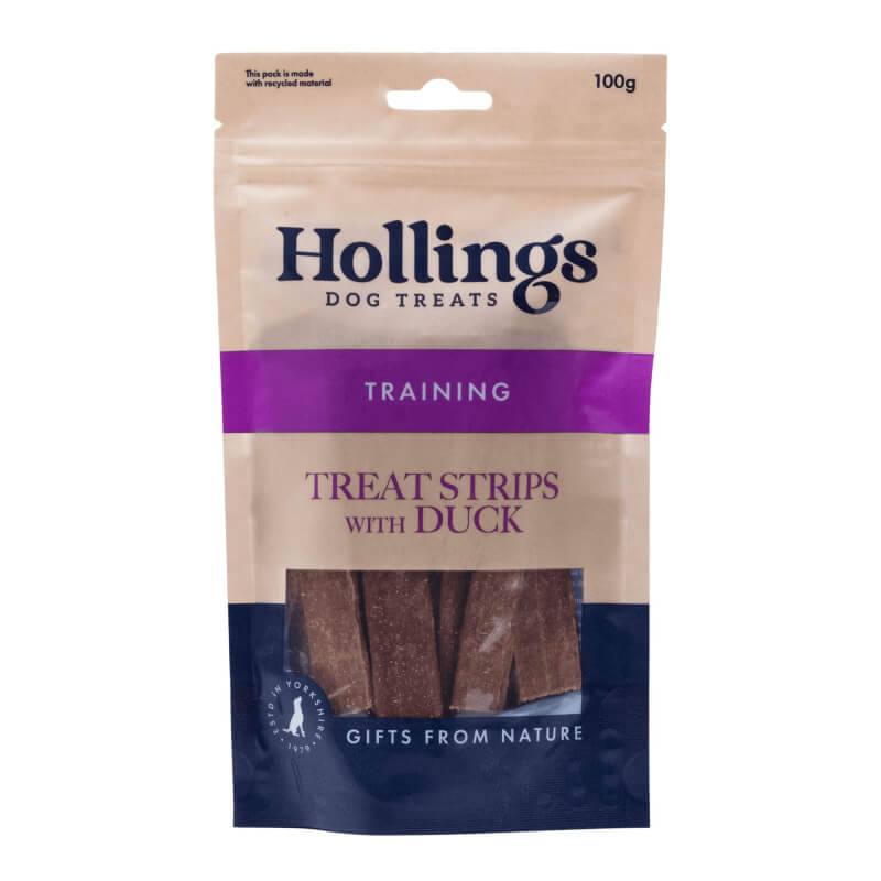 Hollings Treat Strips with Duck 100g—real meat treats, ideal for training your dog.