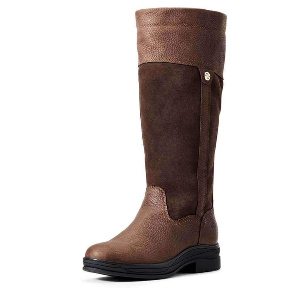 Ariat Windermere II Waterproof Boot in brown leather and suede with a low black heel.