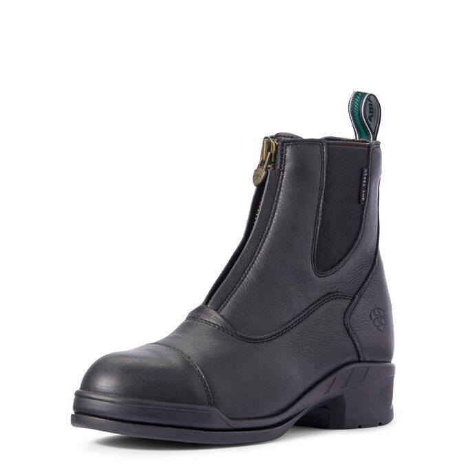 Ariat Heritage IV steel toe zip paddock boots in black leather with pull tab for safety.