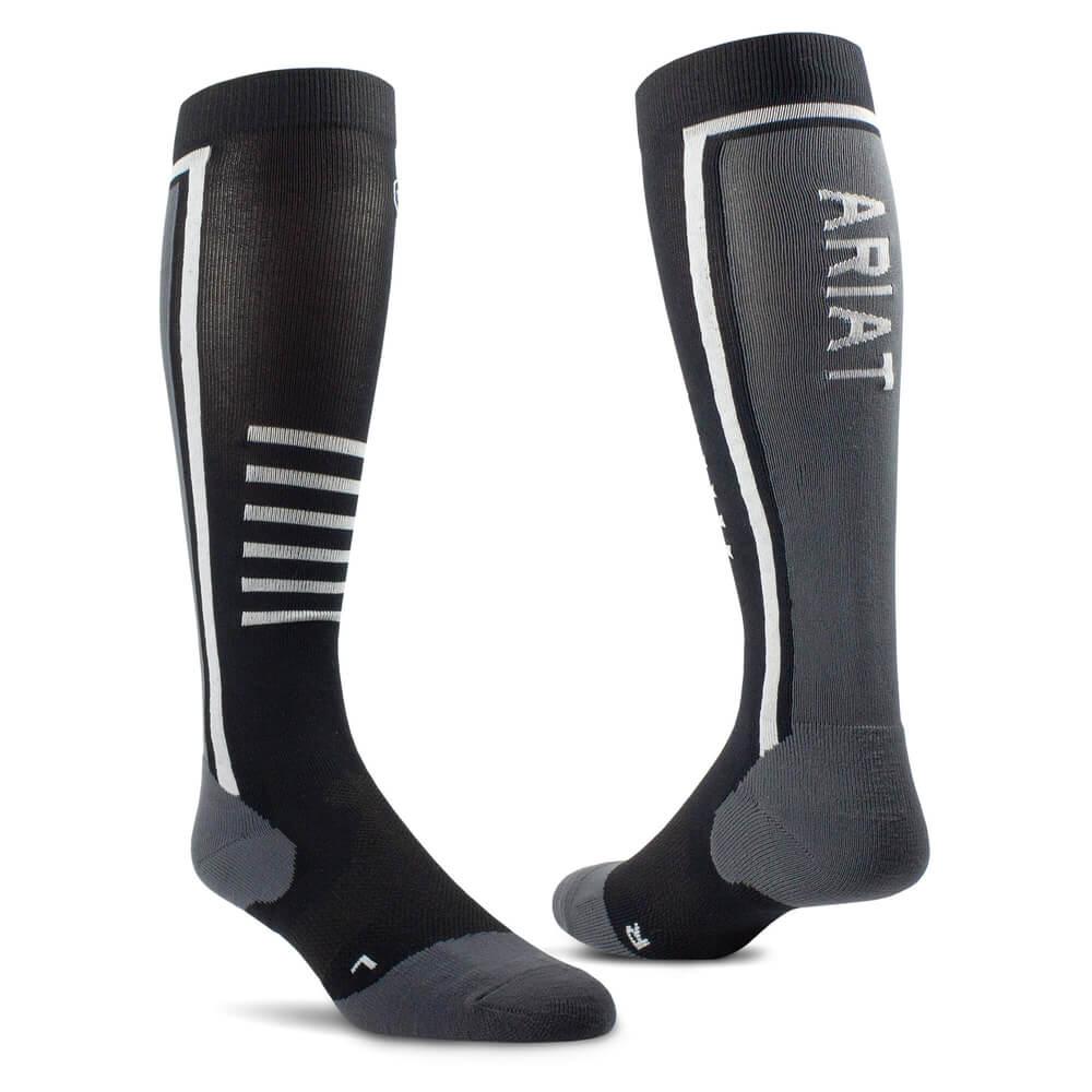 Ariat Slimline Performance Socks in black/sleet feature gray accents and ARIAT on the side.
