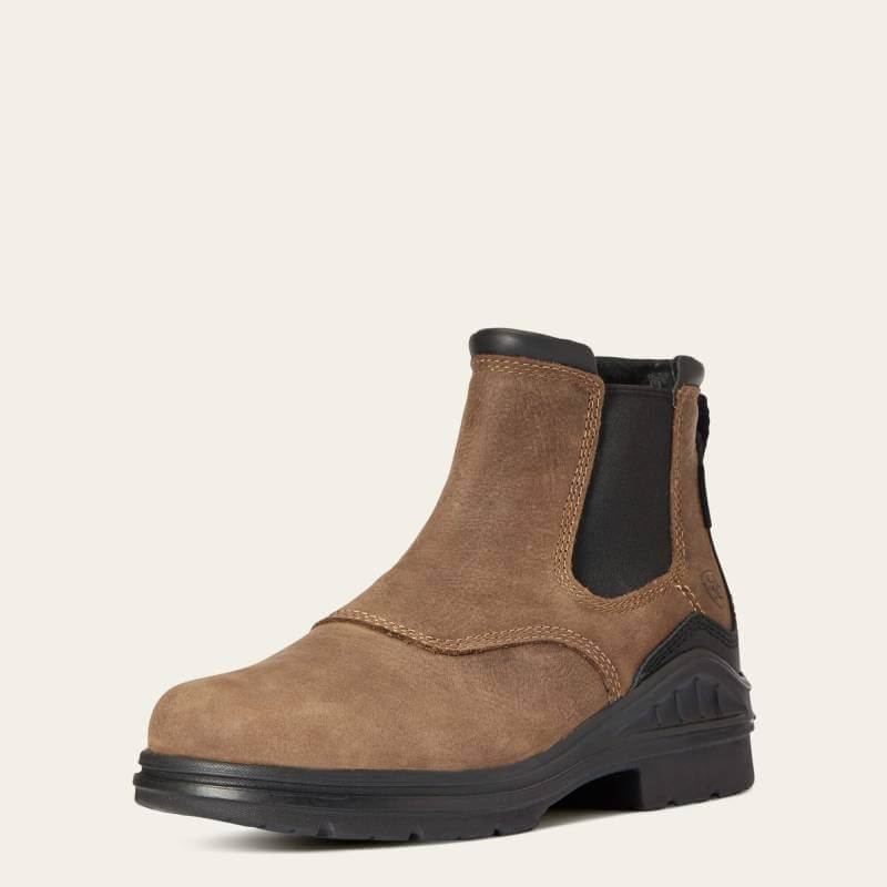 Ariat Womens Barnyard Twin Gore II Waterproof Boot in Antique Brown with black side panels.
