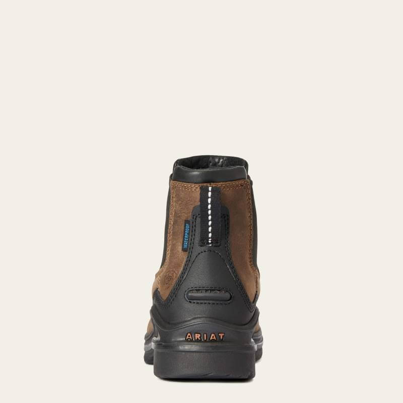 Ariat Womens Barnyard Twin Gore II Waterproof Boots in Antique Brown, shown from the back.
