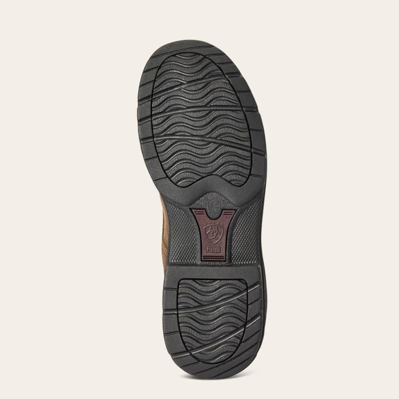 The textured sole of the Ariat Womens Barnyard Twin Gore II Waterproof Boot in Antique Brown.