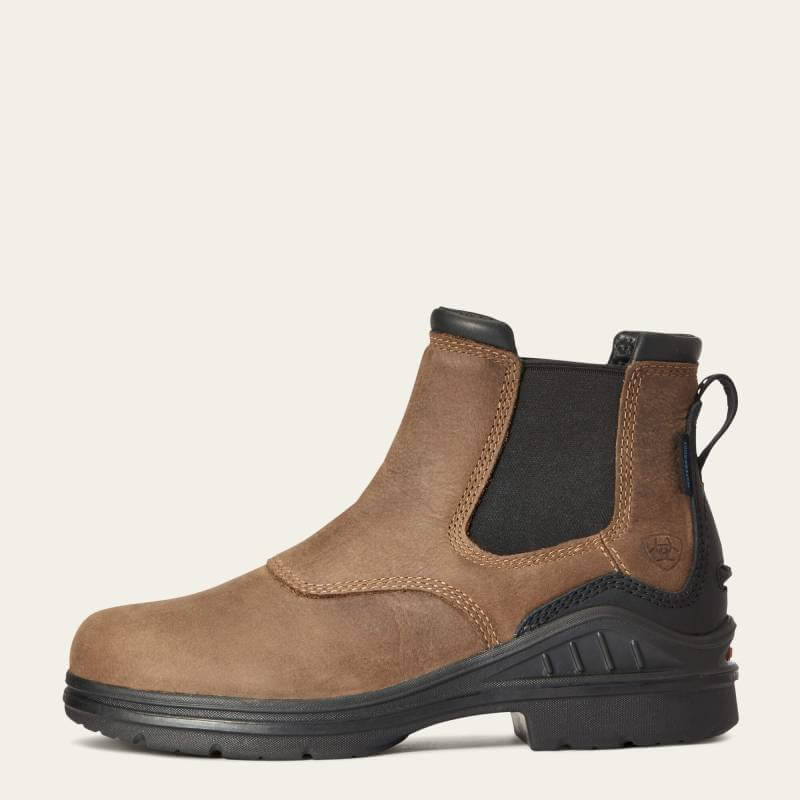 Ariat Womens Barnyard Twin Gore II Waterproof Boot in antique brown with black panels.