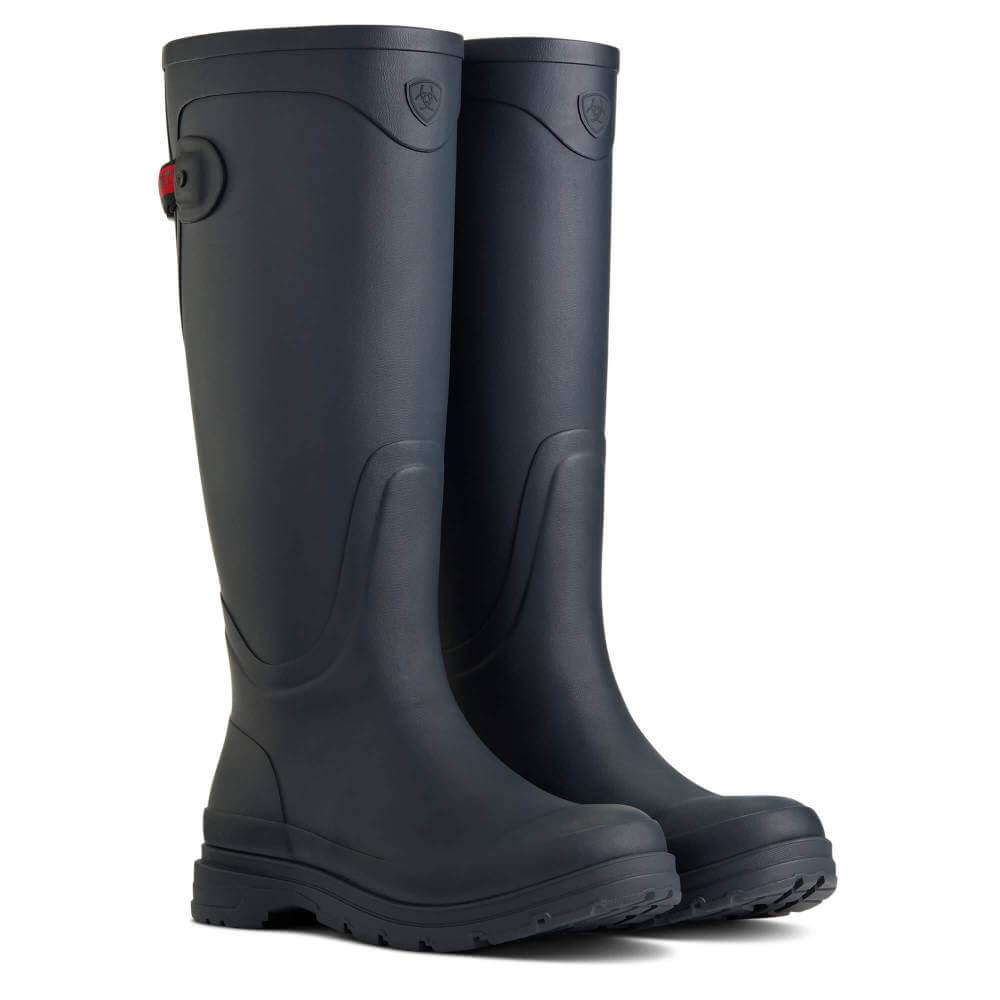 Ariat Kelmarsh Wellington Navy waterproof boots with textured soles.