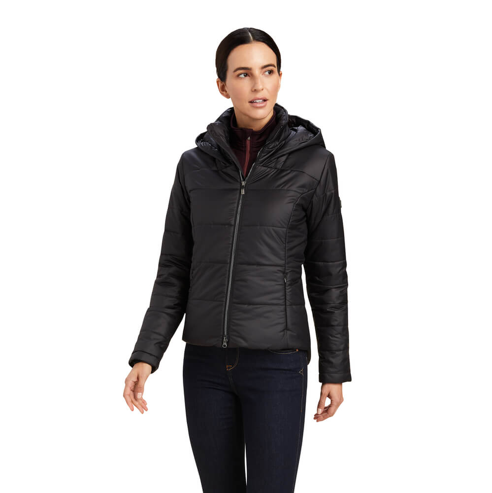 Woman wearing the Ariat Harmony Insulated Jacket Black, an eco-friendly, water resistant coat.