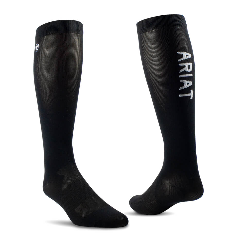 Ariat Ariattek Essential Performance Socks Black with white "ARIAT" and moisture wicking.