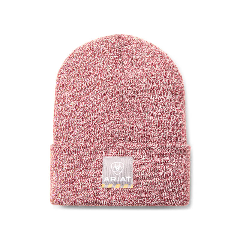 Ariat Rebar Beanie Burgundy with folded brim and logo patch, perfect for cold weather.