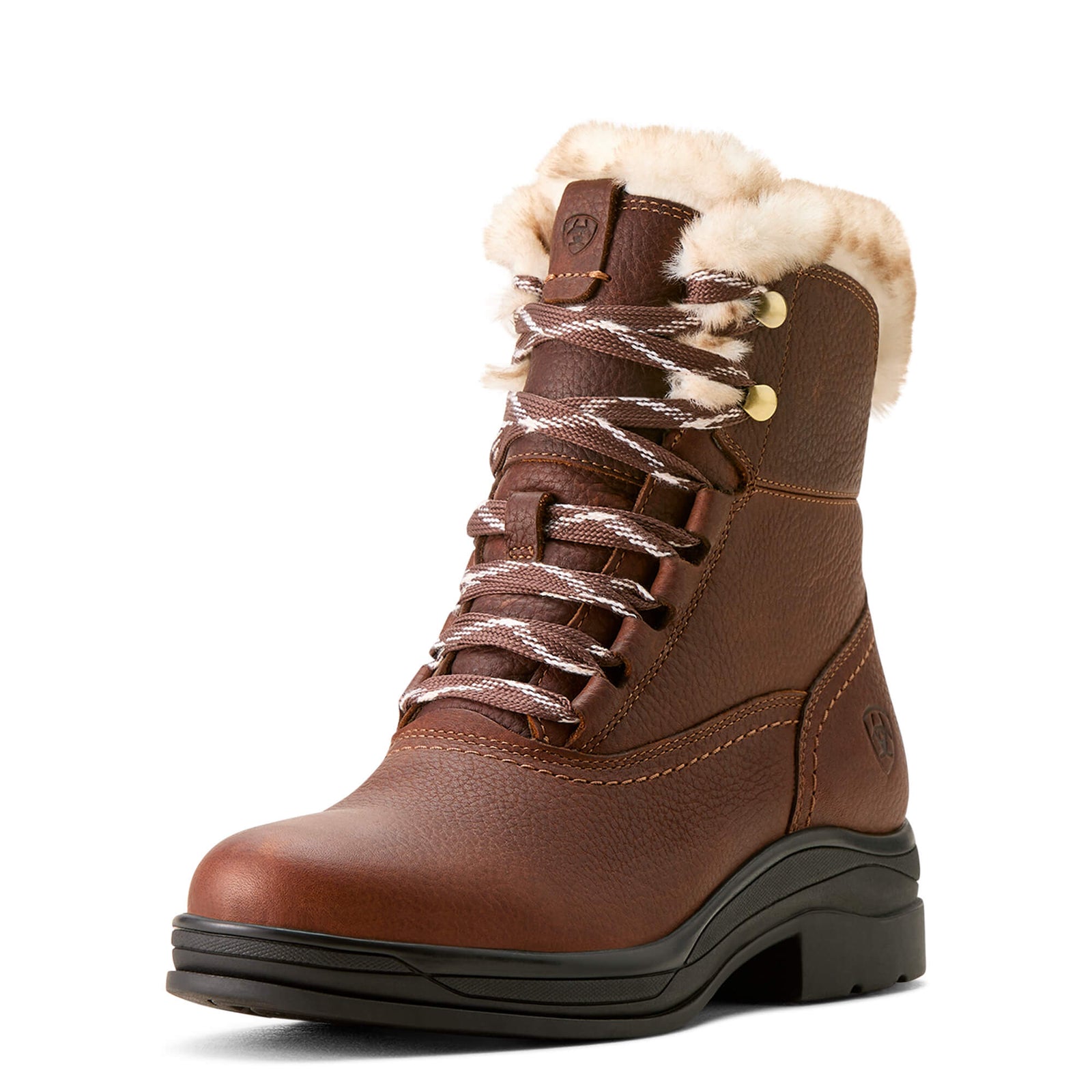 Ariat Harper Sherpa H2O Boots in dark brown with fur lining and lace-up front on white background.