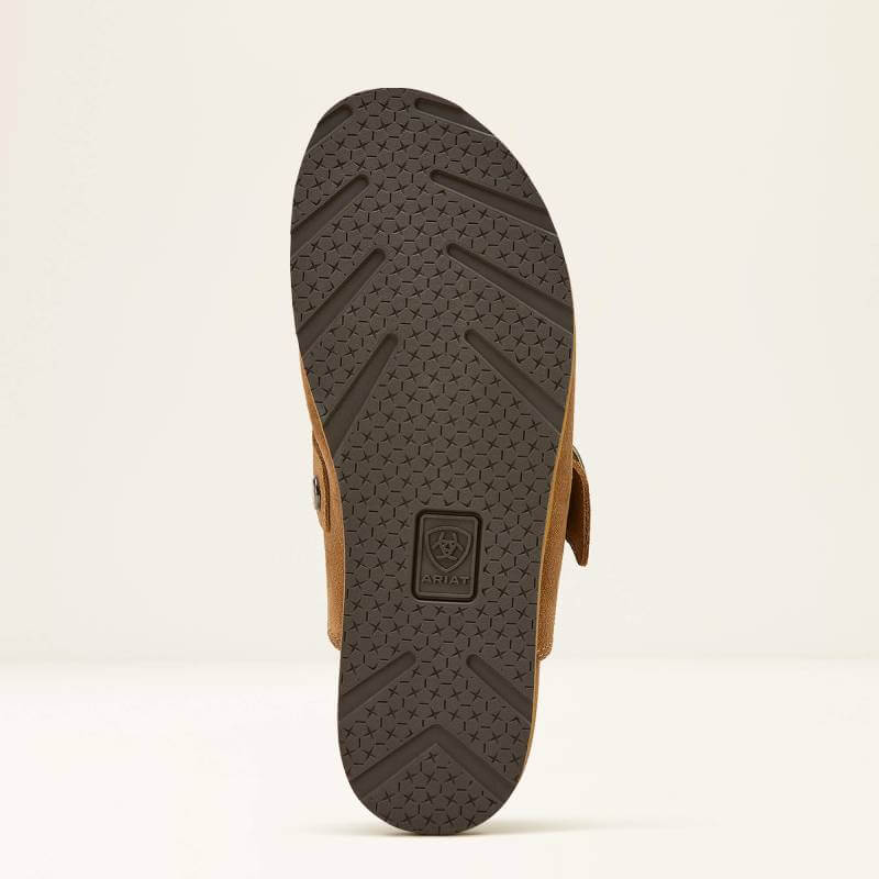 Ariat Womens Country Mule Caramel Suede shown bottom-up with textured dark brown sole.