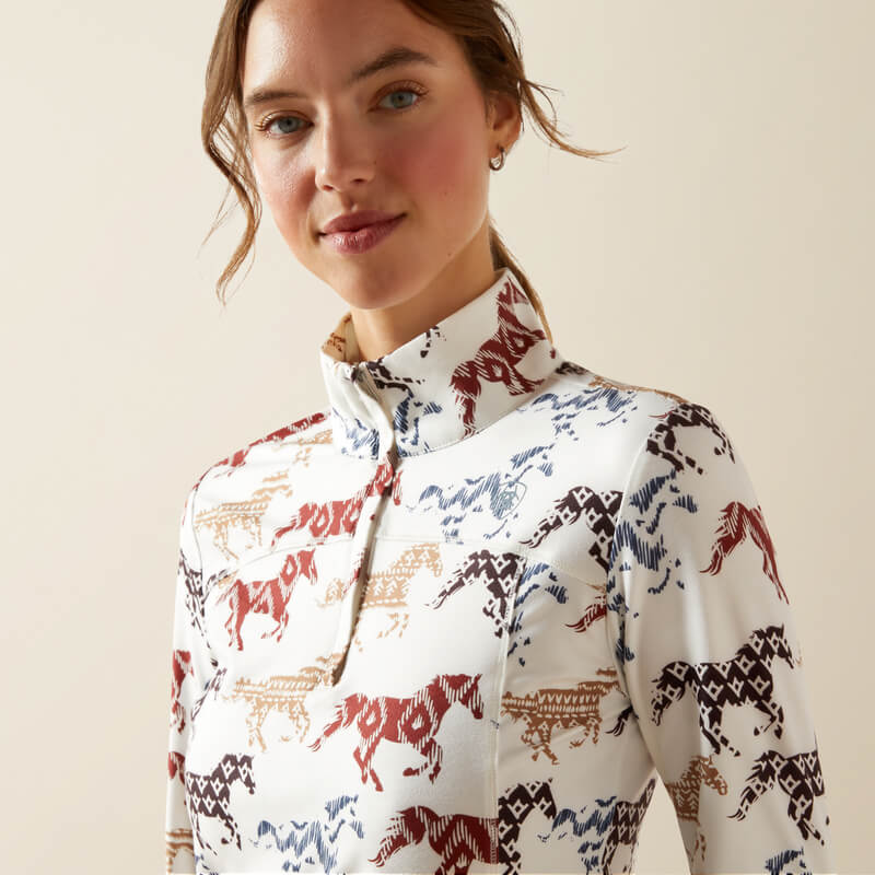 Ariat Womens Lowell 3.0 Baselayer, Painted Ponies print, 1/4 zip, high collar.