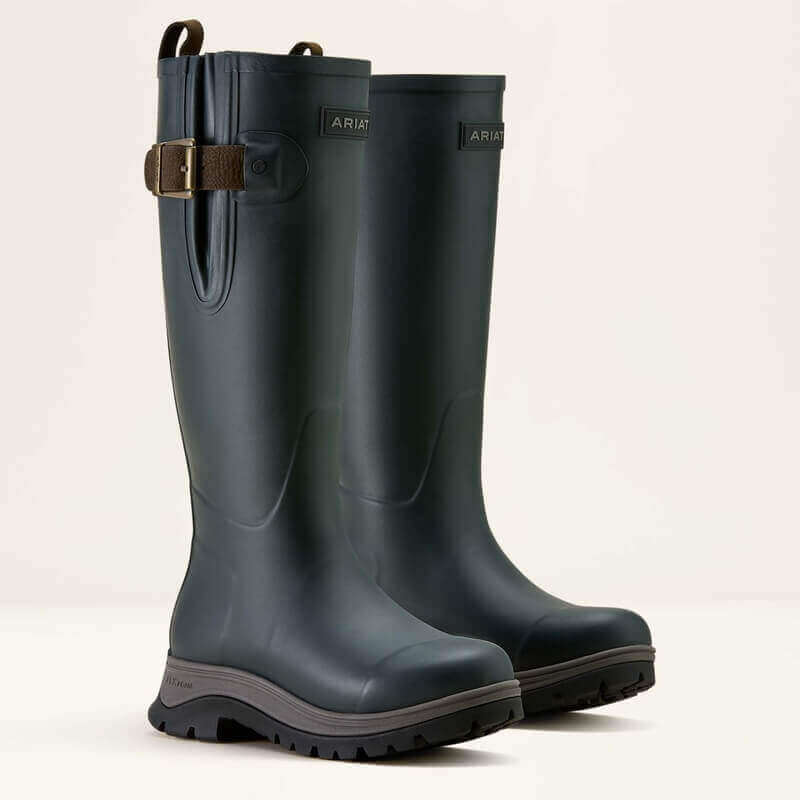 Ariat Woodstock Rubber Boot in Deep Navy with side buckles and thick black soles.