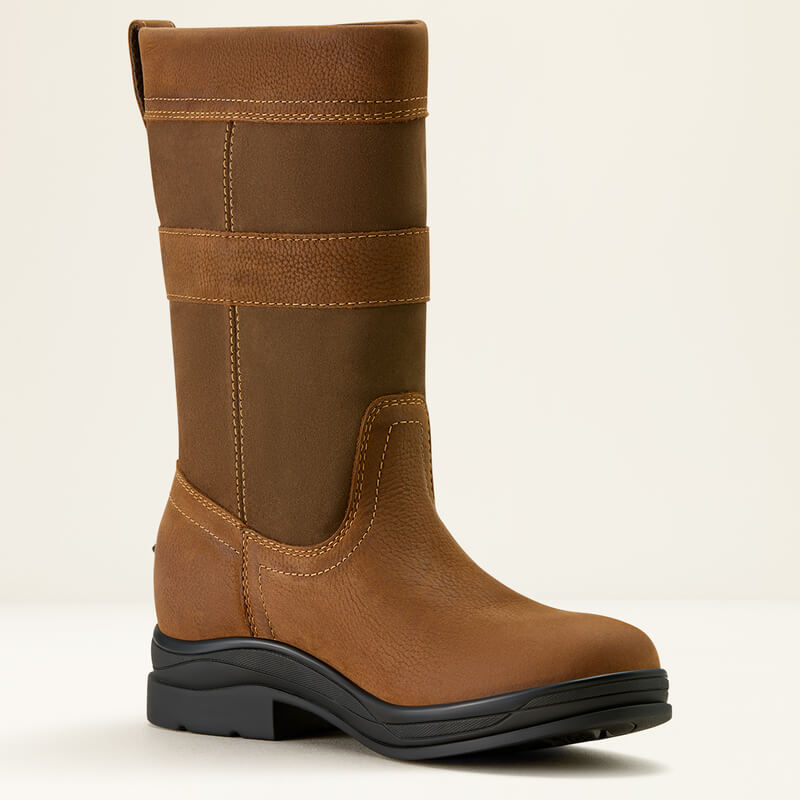 Ariat Womens Bampton H2O Waterproof Boots in Baked Brown, side view on light background.