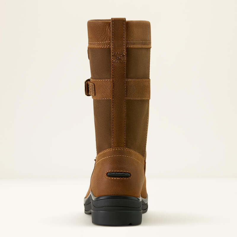 Ariat Womens Bampton H2O Waterproof Boots in baked brown with black sole, back view shown.