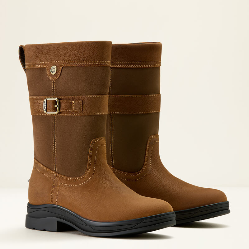 Ariat Womens Bampton H2O waterproof boots in baked brown with side buckles and black soles.