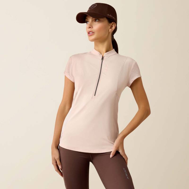 Woman wears Ariat Breathe 1/2 Zip Sepia Rose baselayer and brown leggings against plain background.