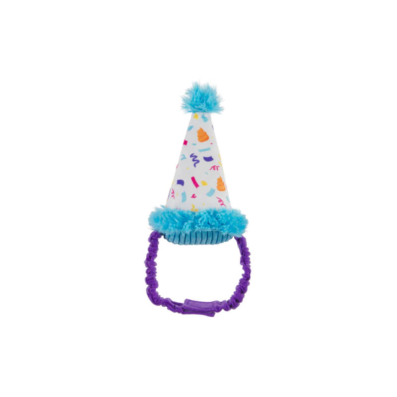 BARK Party Pooper Hat Dog Toy: colorful squeaky hat with confetti, blue trim, purple strap.