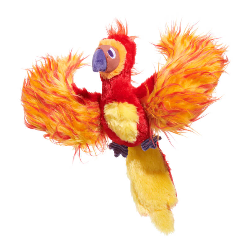 BARK Harry Potter Fawkes Dog Toy with bright feathers and outstretched wings.