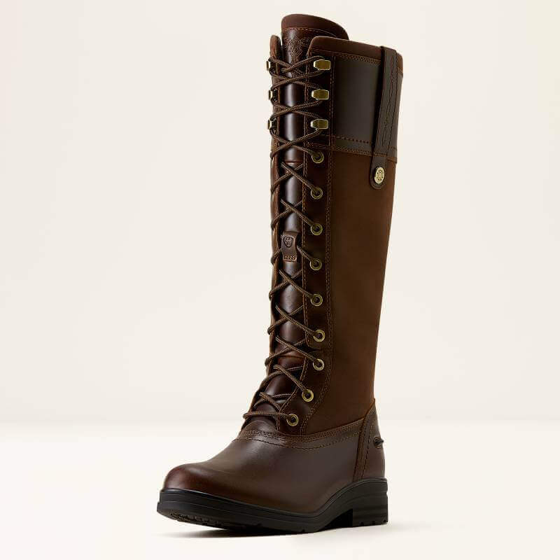 Ariat Womens Wythburn H2O: waterproof tall leather riding boot with laces in tobacco brown.