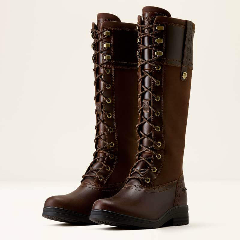 Ariat Wythburn H2O boots: tall, brown, waterproof leather with lace-up and zipper.