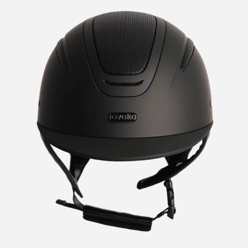 Evoke Elara Classic Peak riding helmet in black, mesh top, ABS shell, adjustable chin strap.