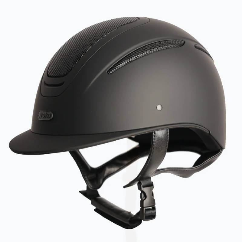 Evoke Elara Classic Peak Black Matt riding helmet, chin strap, vented top, angled left.