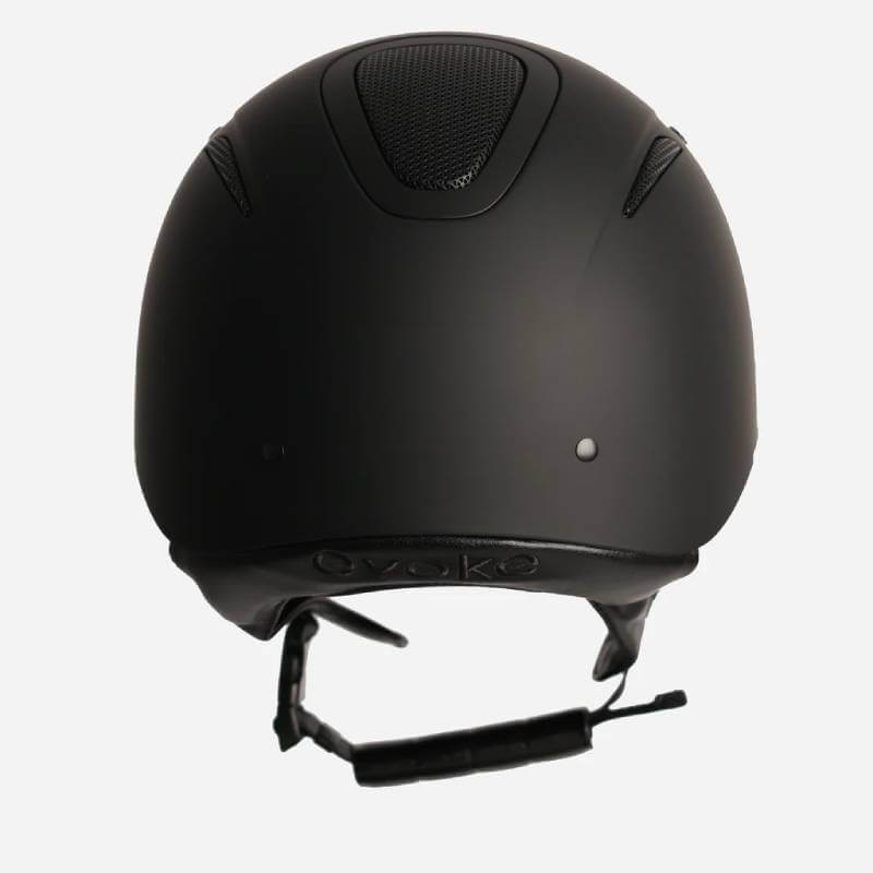 Evoke Elara Classic Peak riding helmet, midnight black matt, back view, on white background.