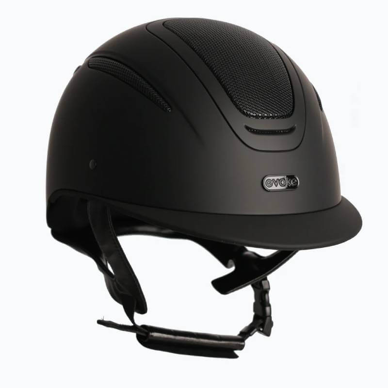 Evoke Elara Classic Peak Midnight Black Matt riding helmet with chin strap and ventilation.
