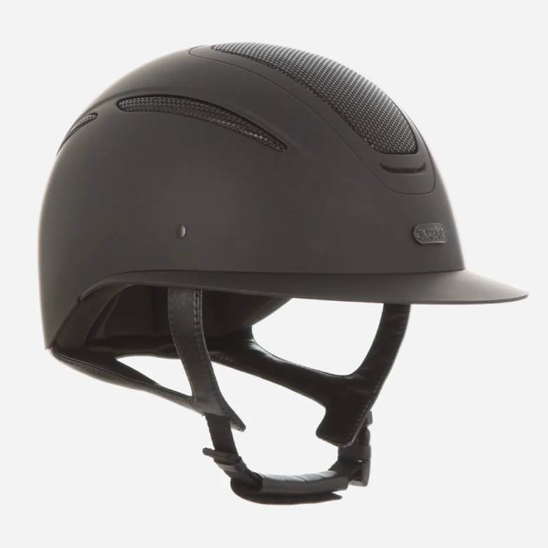Evoke Elara Wide Peak Midnight Black Matt riding helmet, side view with vents and chin strap.