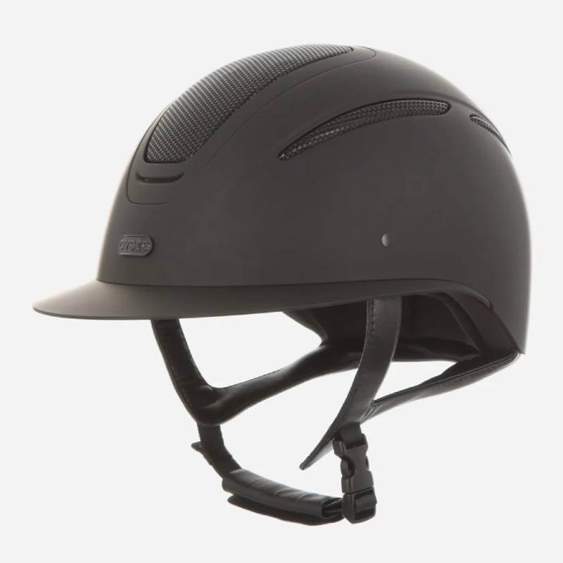 Evoke Elara Wide Peak Midnight Black Matt riding helmet with chin strap and vented top.