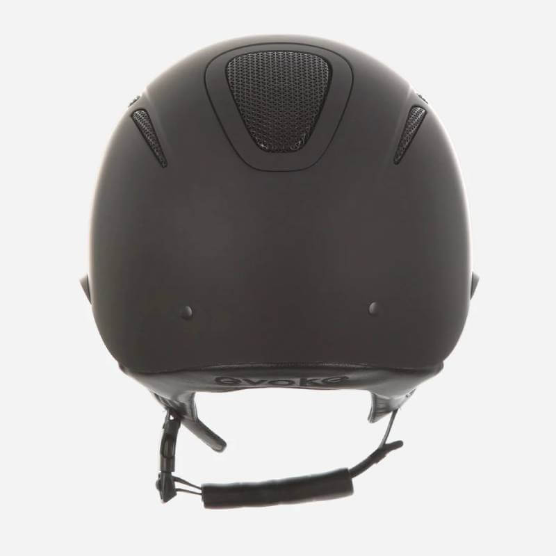 Evoke Elara Wide Peak black matt riding helmet with chin strap and top vent, rear view.